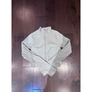 Ribbed Knit Full Zip Mock Neck Long Sleeve Jacket Light Beige Cropped Activewear